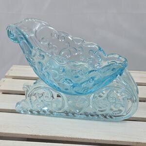 Ice Blue Clear Pressed Glass Decorative Sleigh Dish with Scalloped Rim